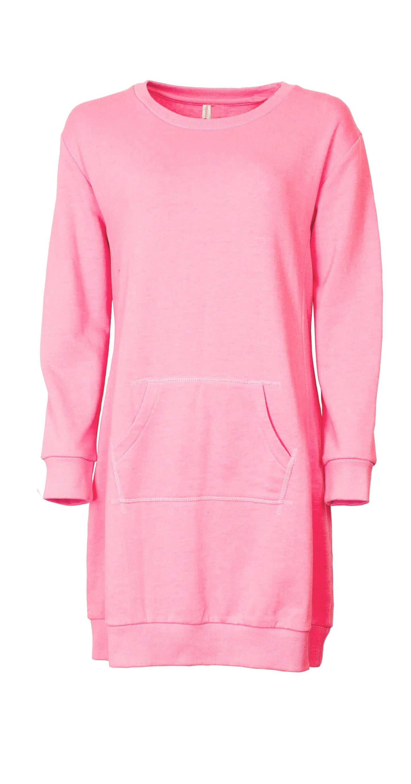 Roze dames nachthemd met lange mouwen, ronde hals en kangoeroe zak. Gemaakt van katoen en polyester, 90 cm lang.