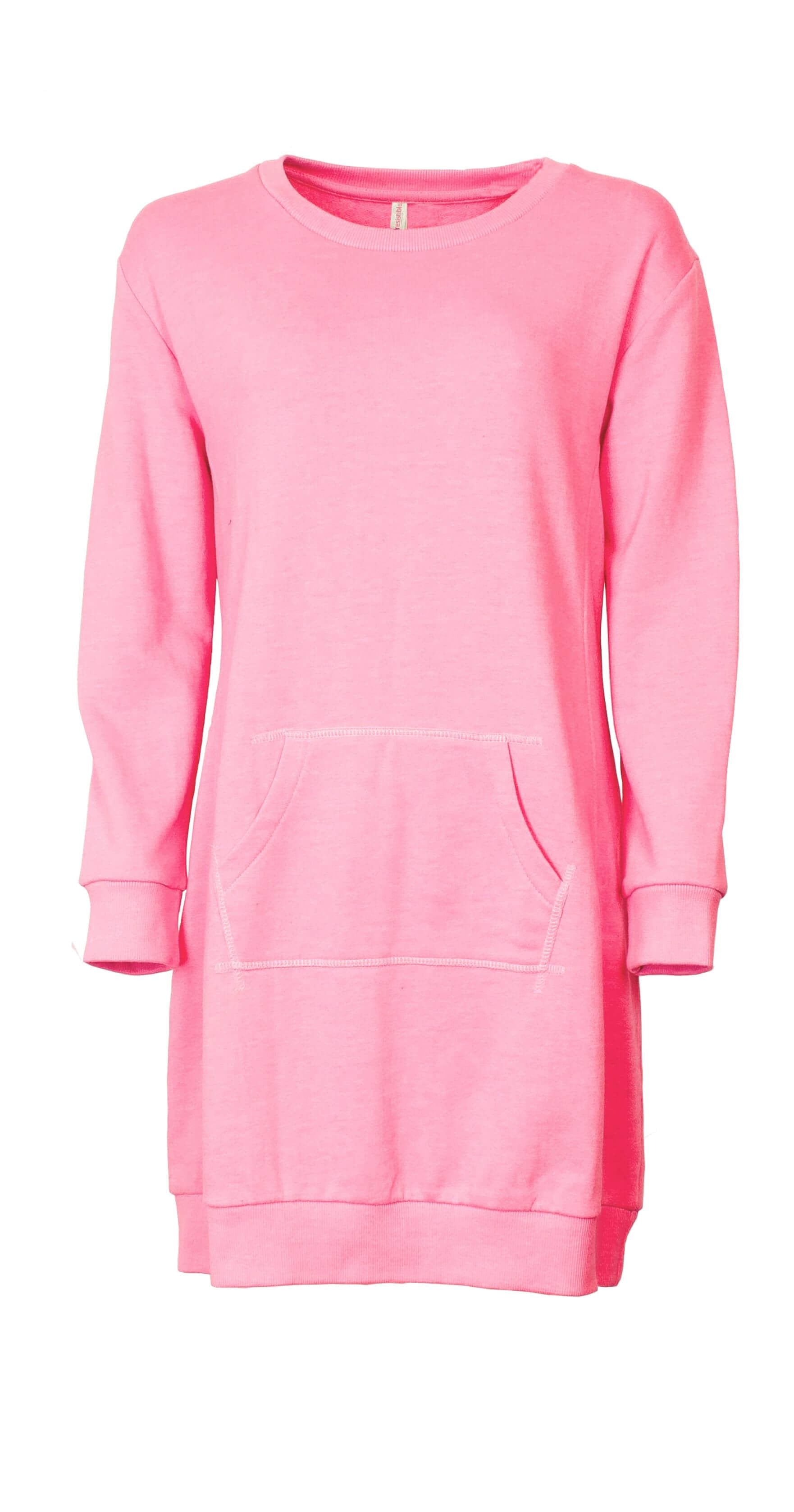 Roze dames nachthemd met lange mouwen, ronde hals en kangoeroe zak. Gemaakt van katoen en polyester, 90 cm lang.