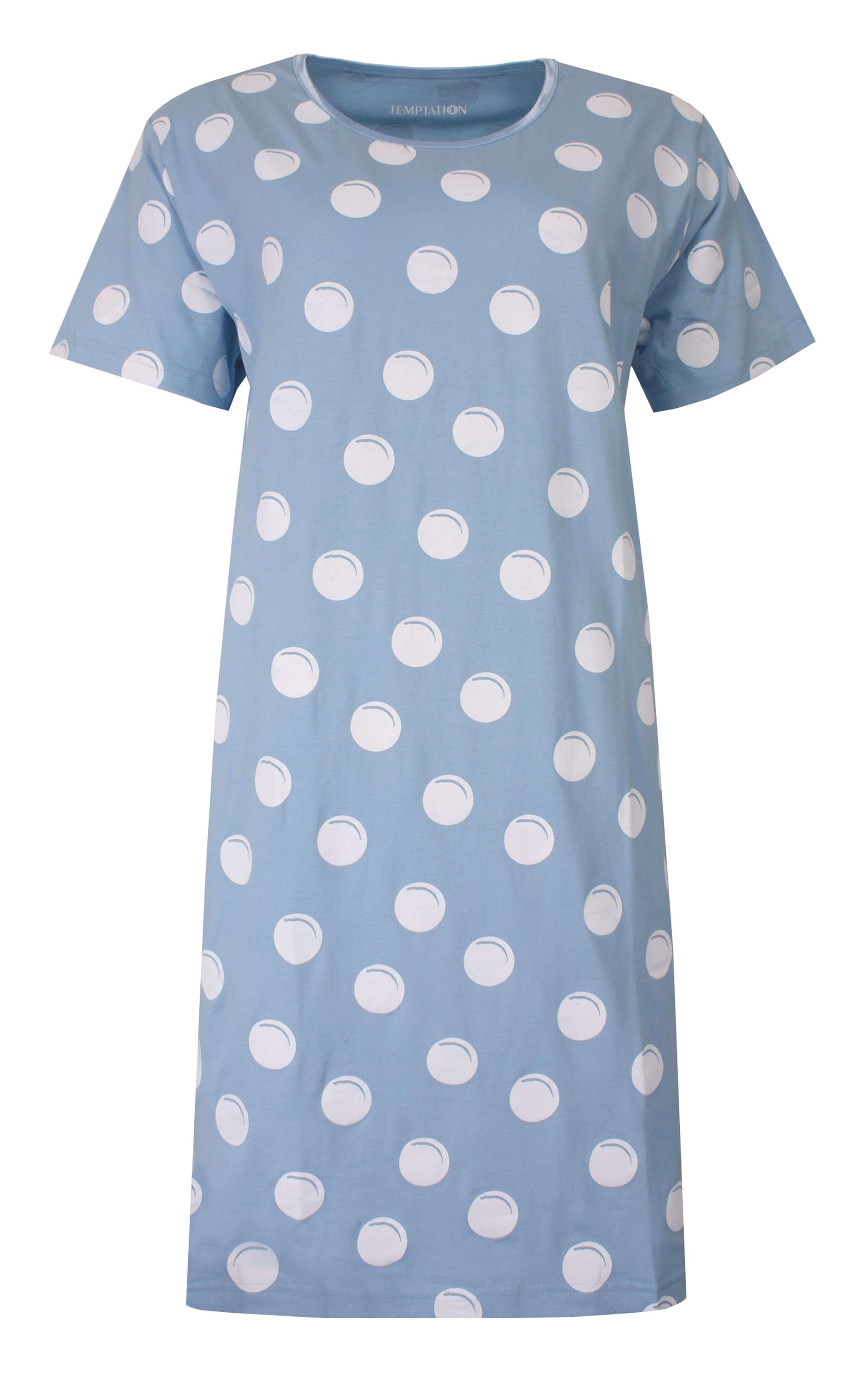 Lichtblauwe dames big shirt met witte stippen, korte mouwen en ronde hals, van het merk Temptation