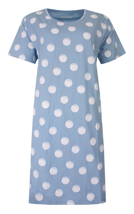 Lichtblauwe dames big shirt met witte stippen, korte mouwen en ronde hals, van het merk Temptation