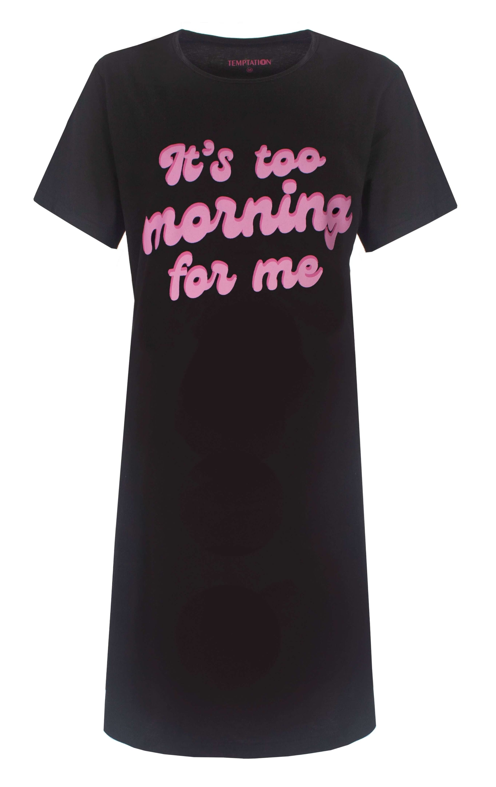 Zwart oversized T-shirt met roze tekst 'It's too morning for me' van het merk Temptation