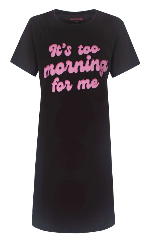 Zwart oversized T-shirt met roze tekst 'It's too morning for me' van het merk Temptation