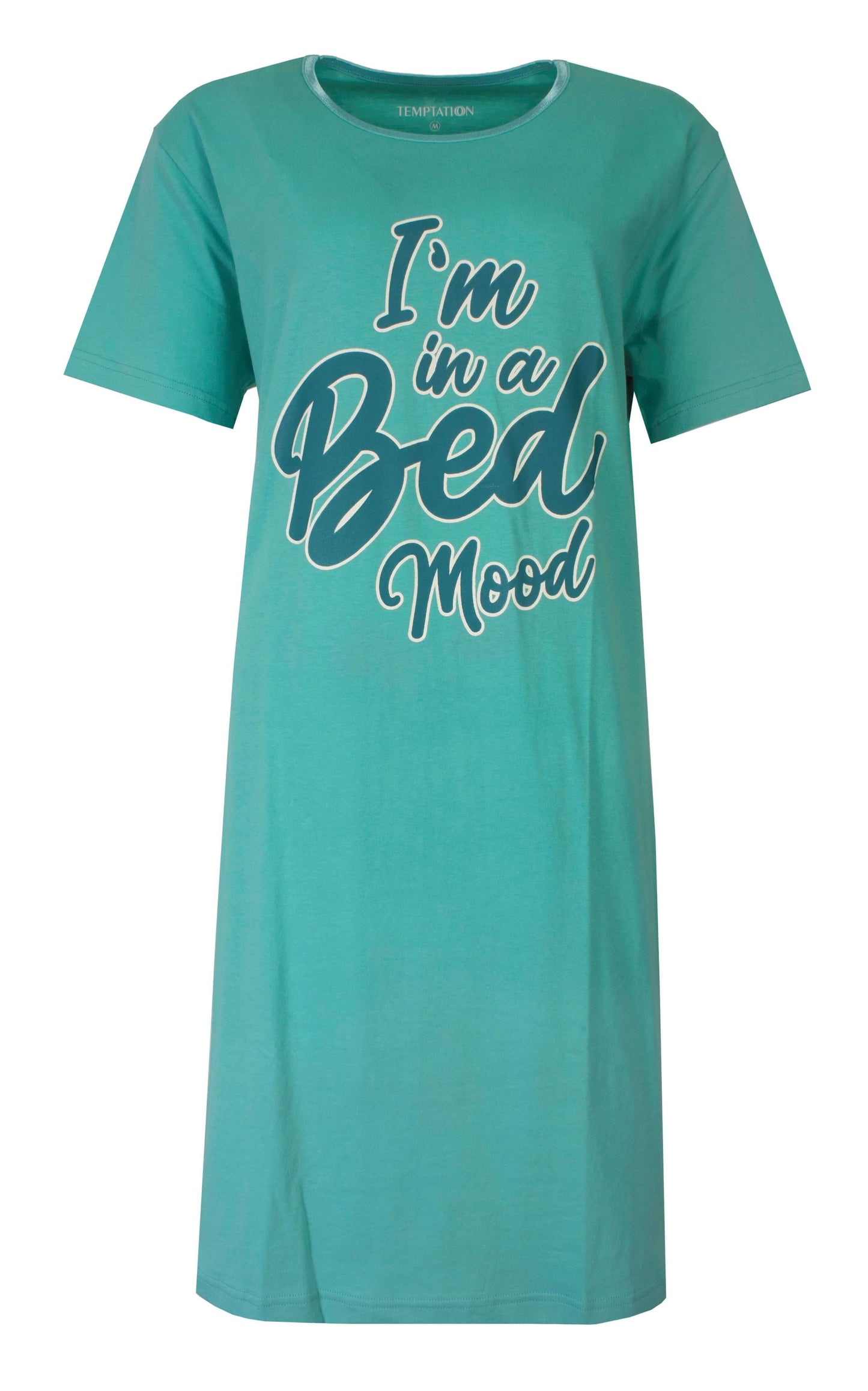 Aqua slaapshirt met 'I'm in a Bed Mood' opdruk, ronde hals en korte mouwen van het merk Temptation