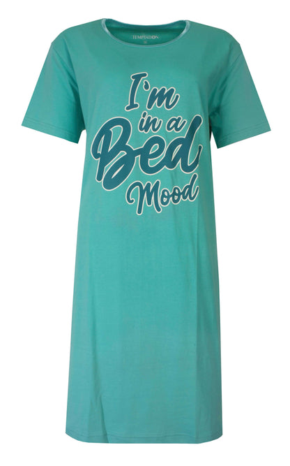 Aqua slaapshirt met 'I'm in a Bed Mood' opdruk, ronde hals en korte mouwen van het merk Temptation