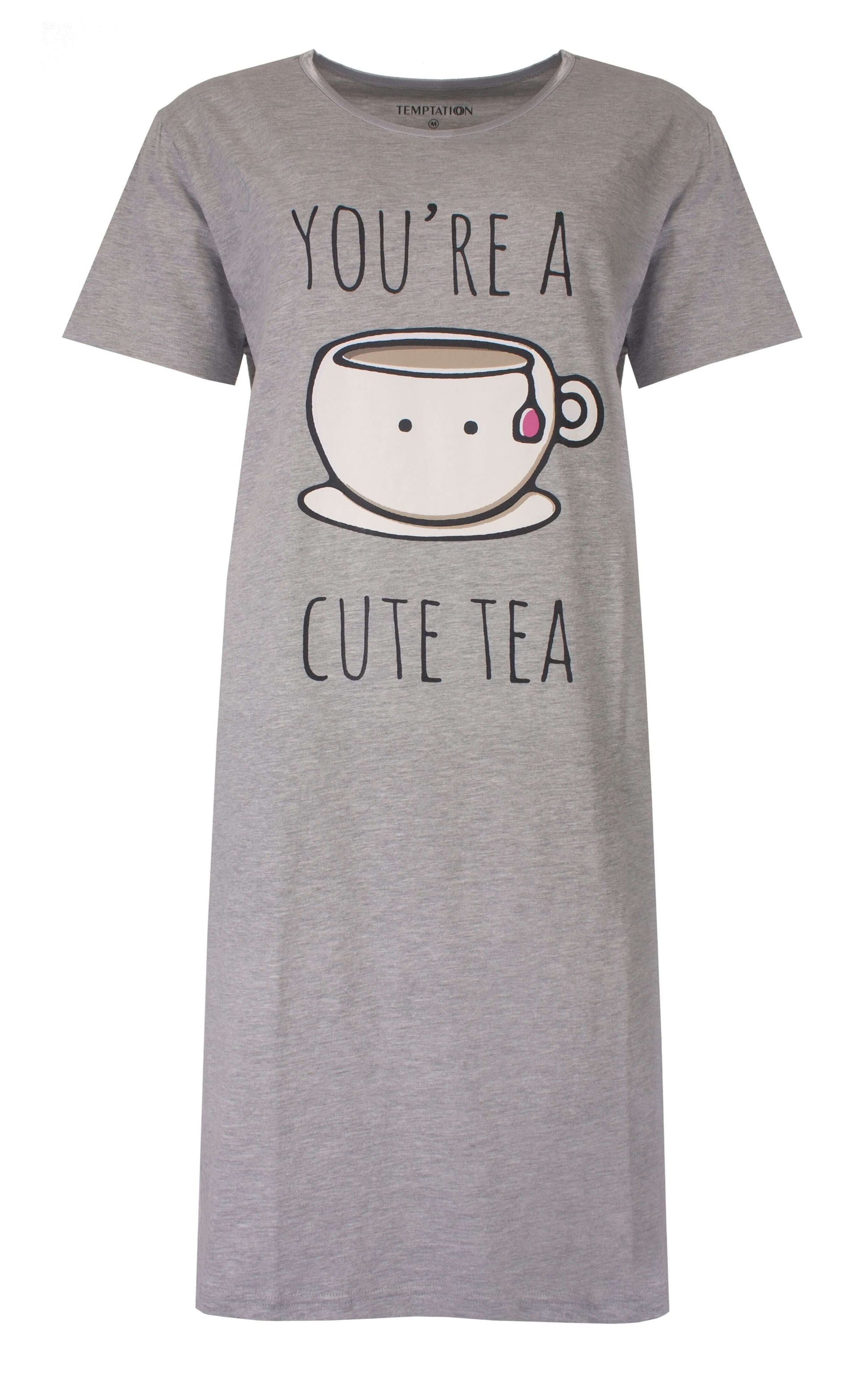 Grijs melange dames nachthemd met opdruk 'You're a cute tea' en een schattige theekop illustratie