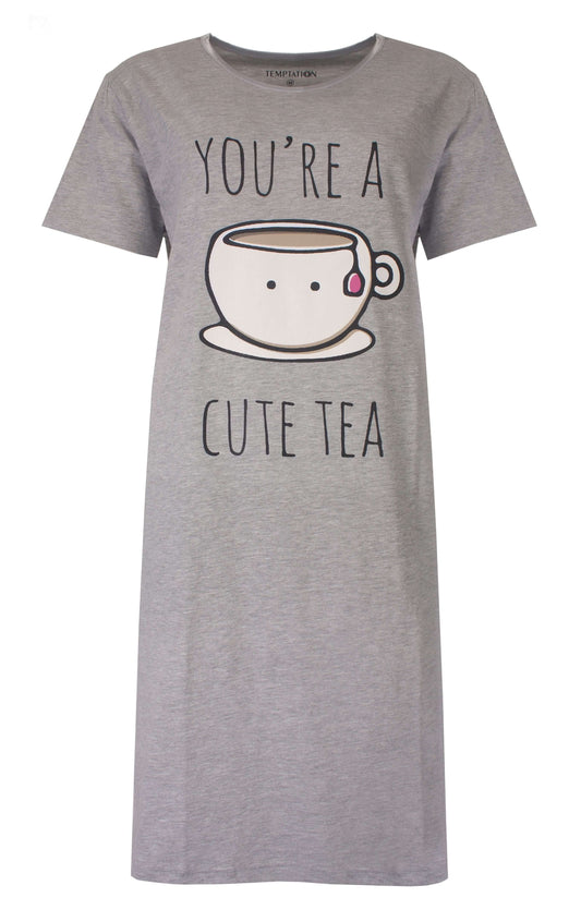Grijs melange dames nachthemd met opdruk 'You're a cute tea' en een schattige theekop illustratie