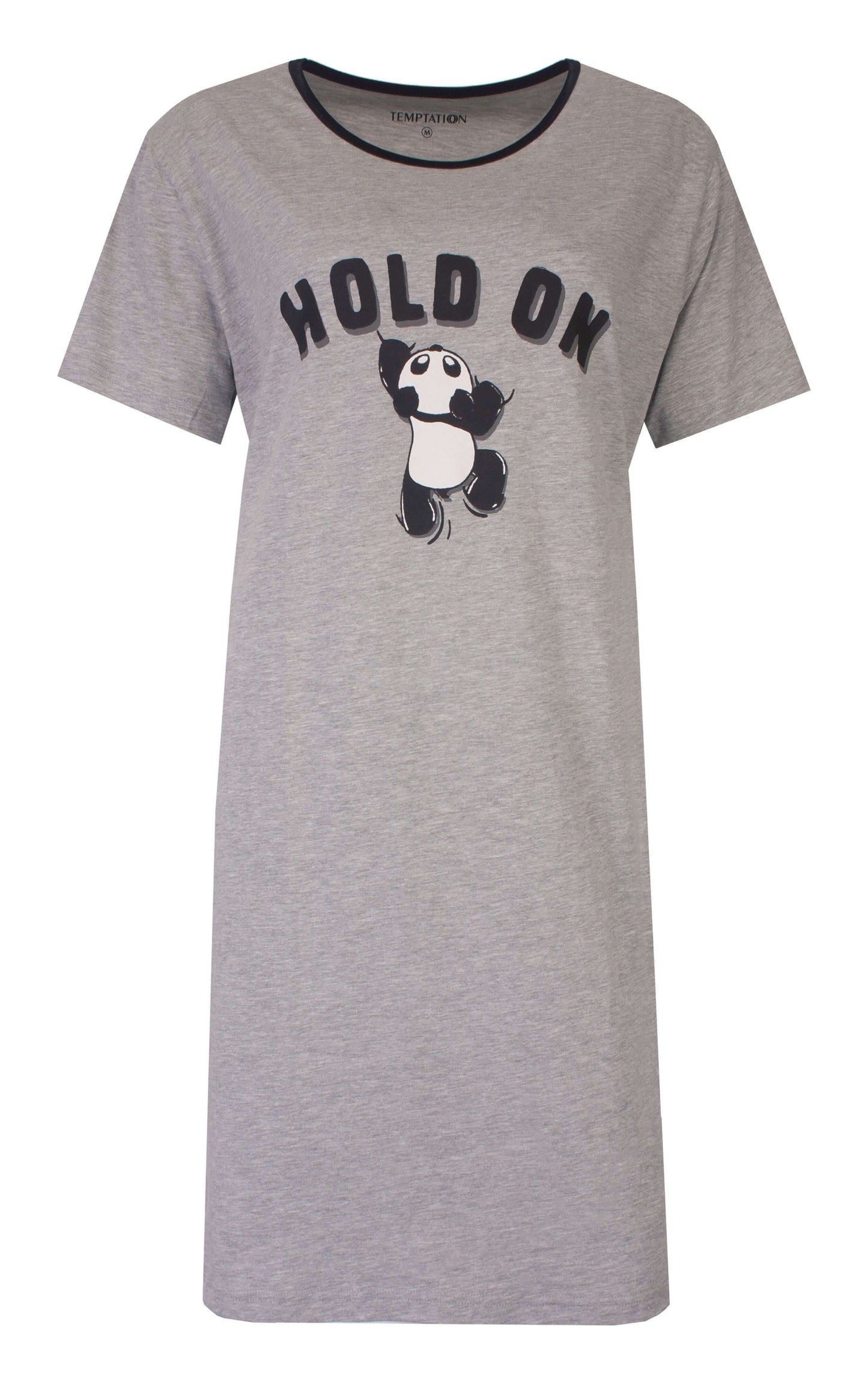 Grijze nachthemd met 'HOLD ON' tekst en panda illustratie, ronde hals en korte mouwen