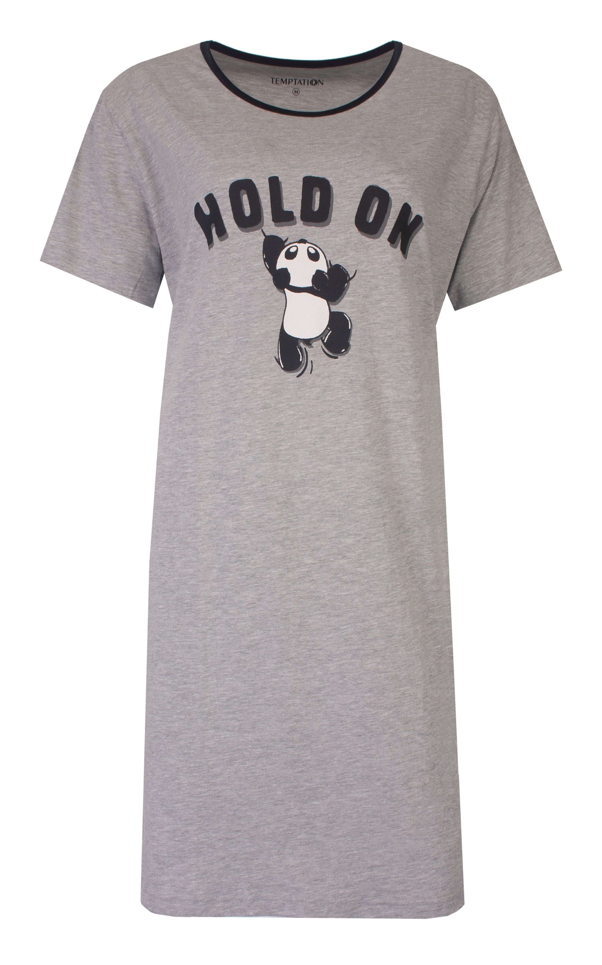 Grijze nachthemd met 'HOLD ON' tekst en panda illustratie, ronde hals en korte mouwen