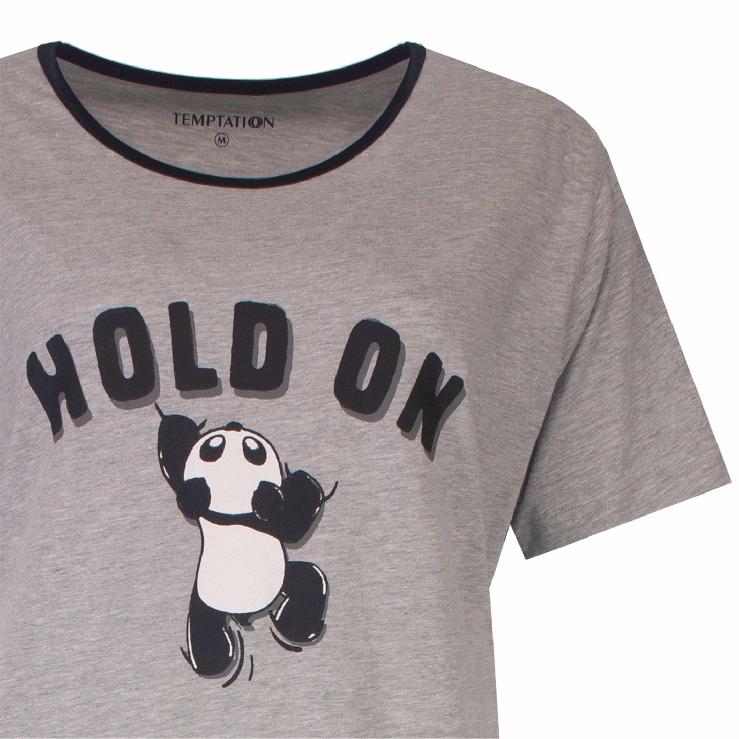 Grijs melange dames T-shirt met zwarte hals en 'HOLD ON' tekst met springende panda illustratie