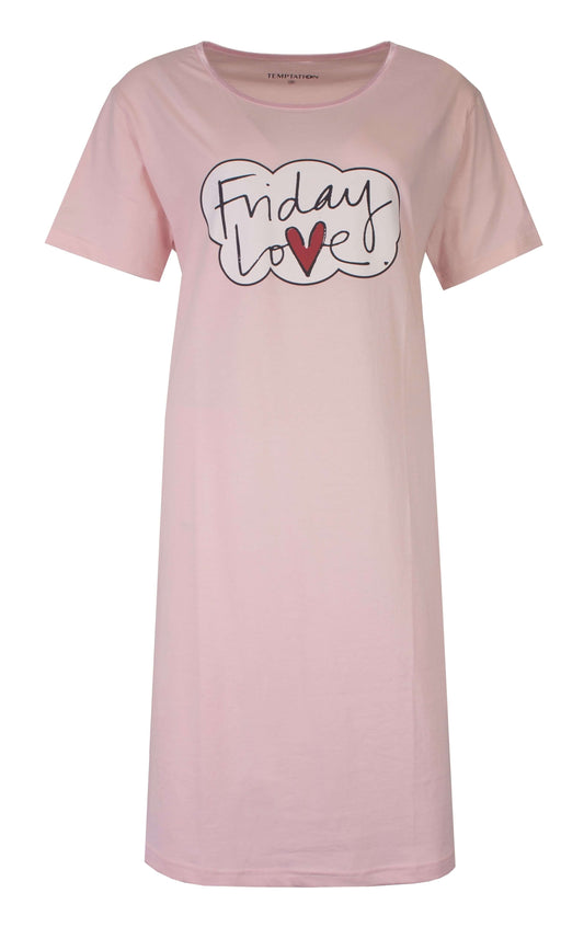 Lichtroze nachthemd met 'Friday Love' opdruk, korte mouwen en ronde hals, merk Temptation