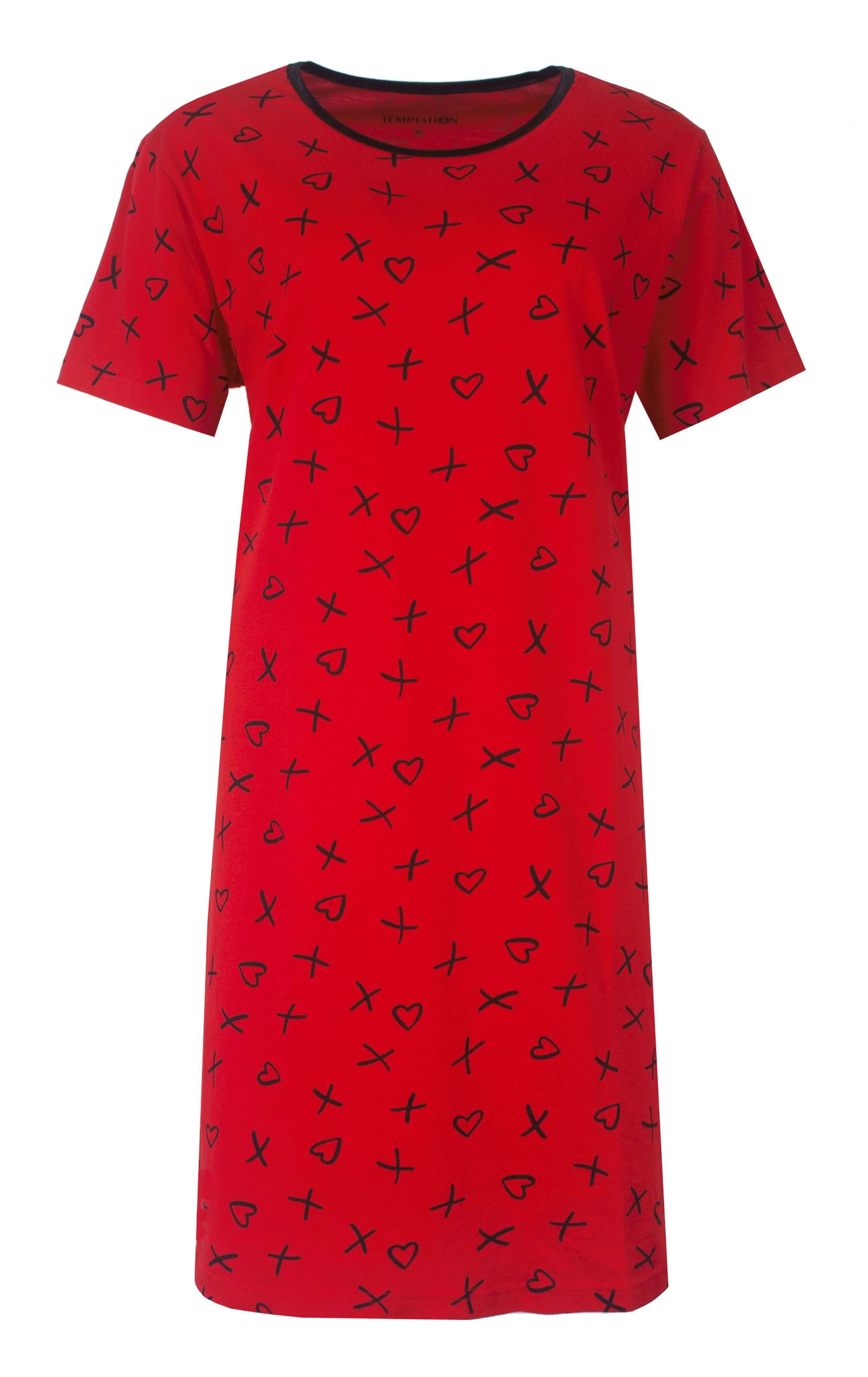 Rood oversized dames T-shirt met zwart patroon van hartjes en kruisjes, korte mouwen en ronde hals