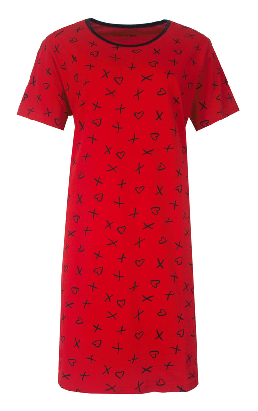 Rood oversized dames T-shirt met zwart patroon van hartjes en kruisjes, korte mouwen en ronde hals