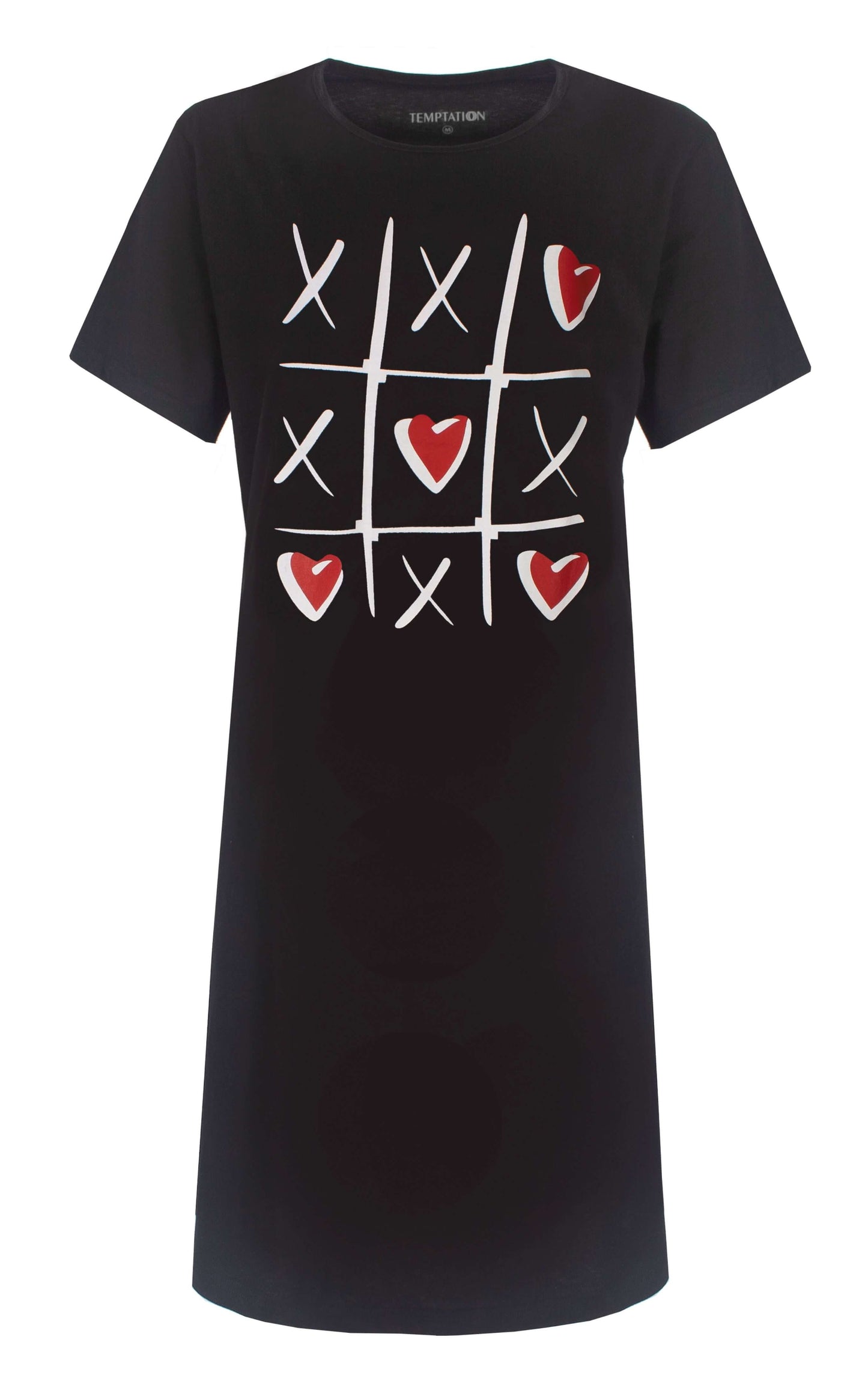 Zwart dames oversized T-shirt met boothals en tic-tac-toe patroon van X'en en hartjes in wit en rood op de voorkant