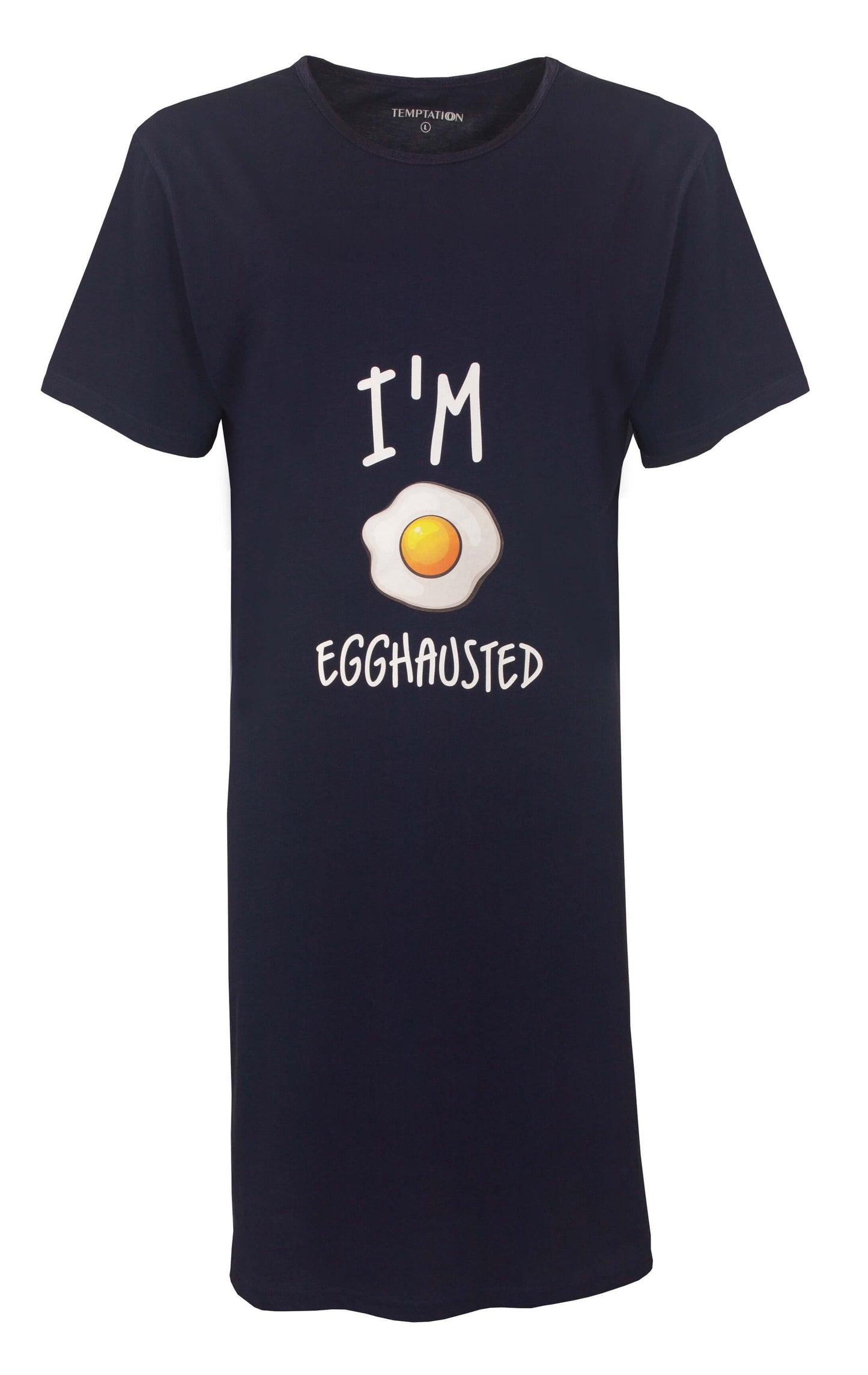 Donkerblauw nachthemd met korte mouwen en 'I'm eggshausted' print met gebakken ei afbeelding