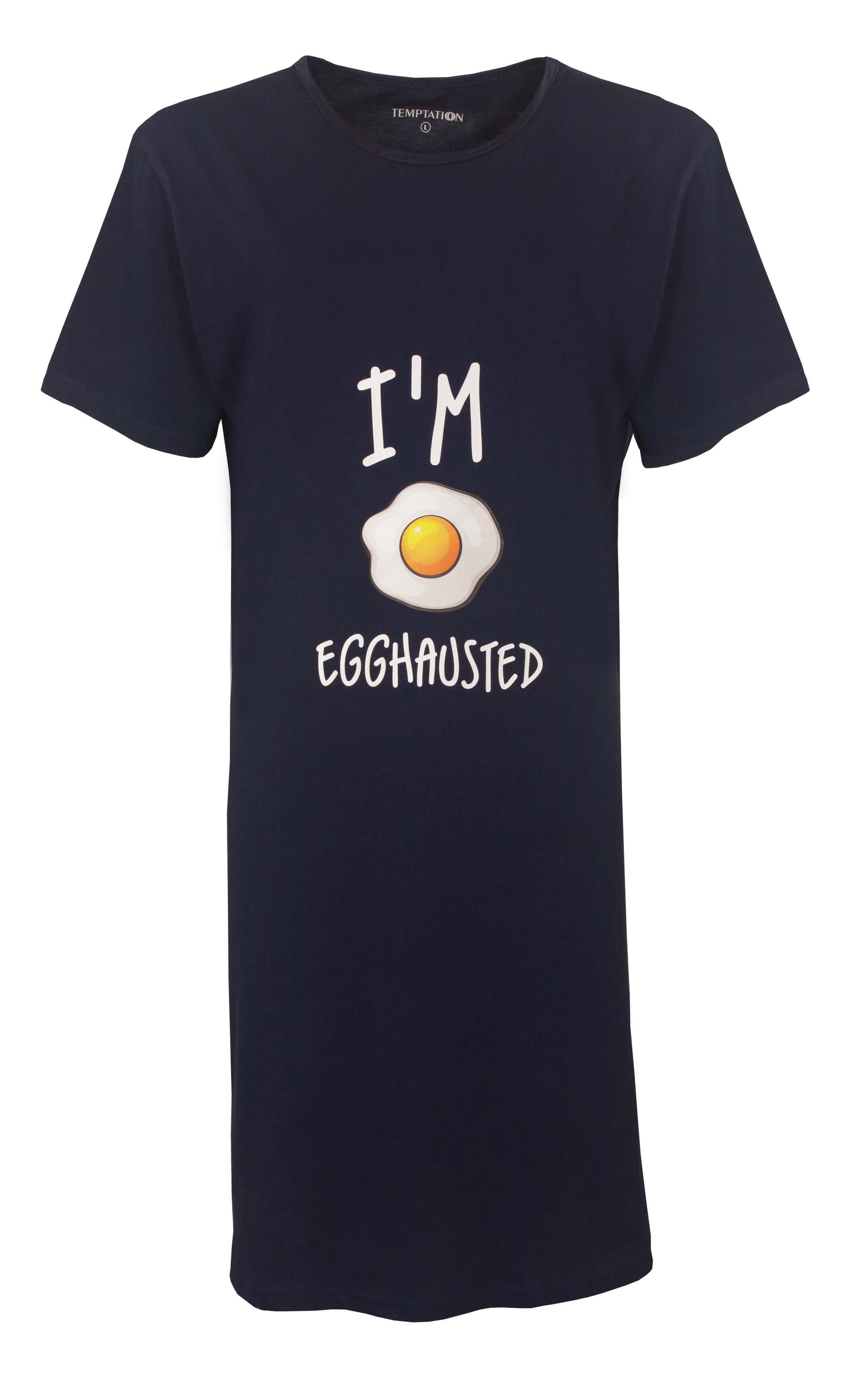 Donkerblauw nachthemd met korte mouwen en 'I'm eggshausted' print met gebakken ei afbeelding