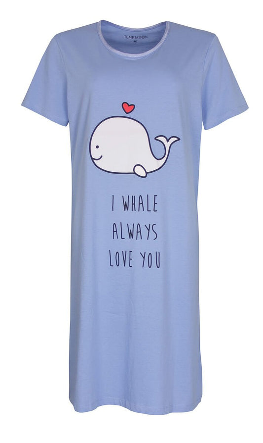 Blauw nachthemd met schattige walvisprint en tekst 'I whale always love you', korte mouwen en ronde hals.