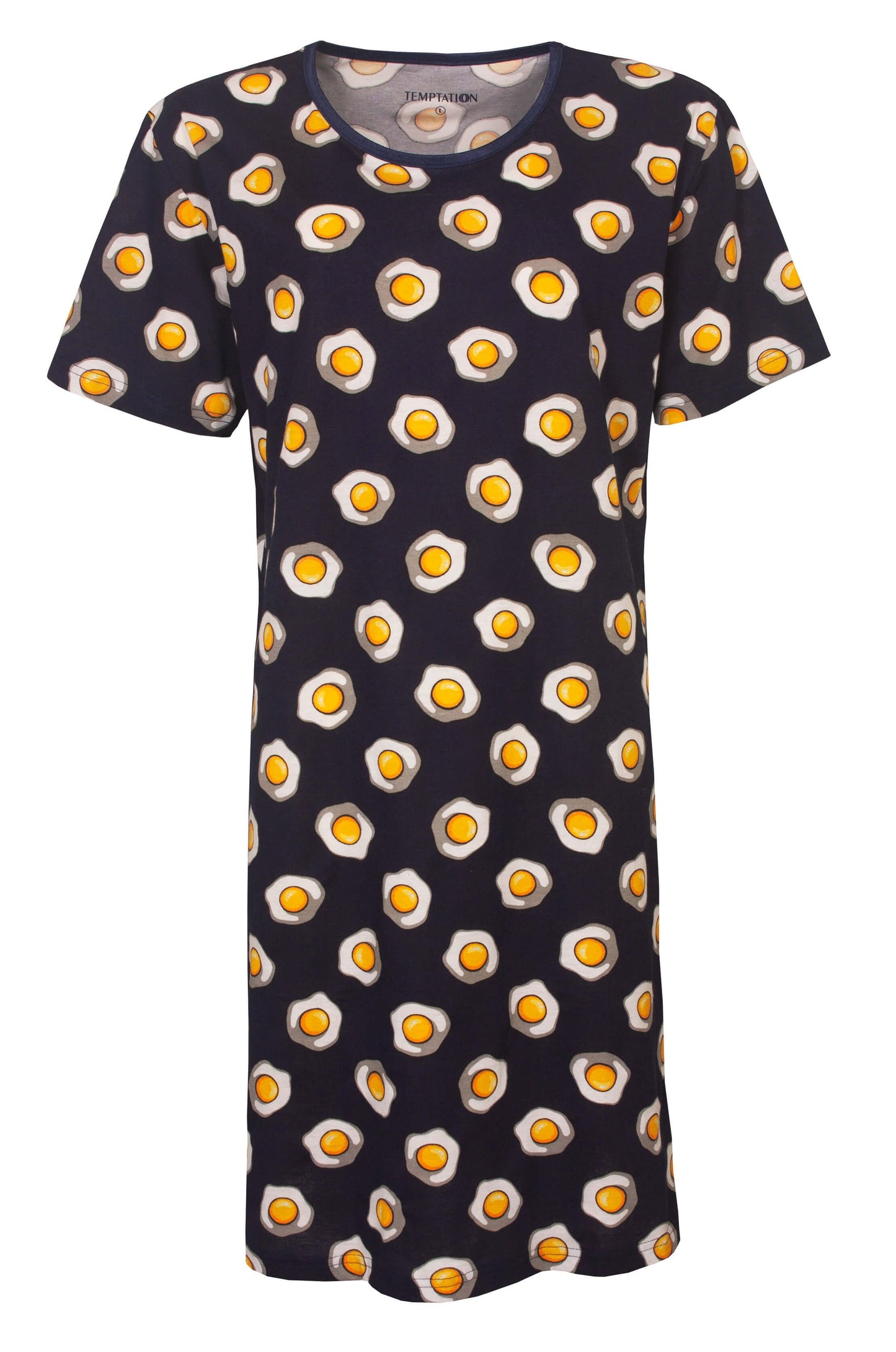 Donkerblauw nachthemd met all-over print van gebakken eieren, korte mouwen en ronde hals.