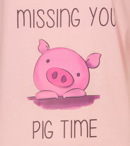 Roze katoenen bigshirt met schattige varkentekening en tekst 'Missing you pig time'