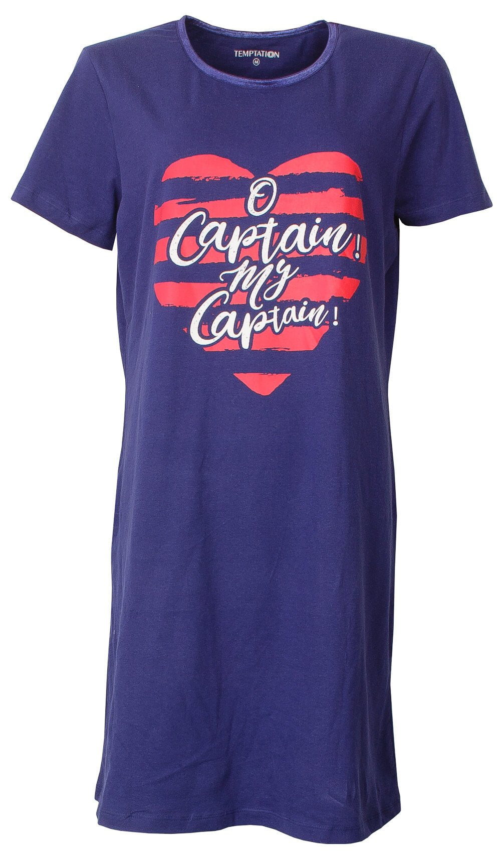 Blauw nachthemd met korte mouwen en rode hartprint met tekst 'O Captain my Captain!' op de voorkant