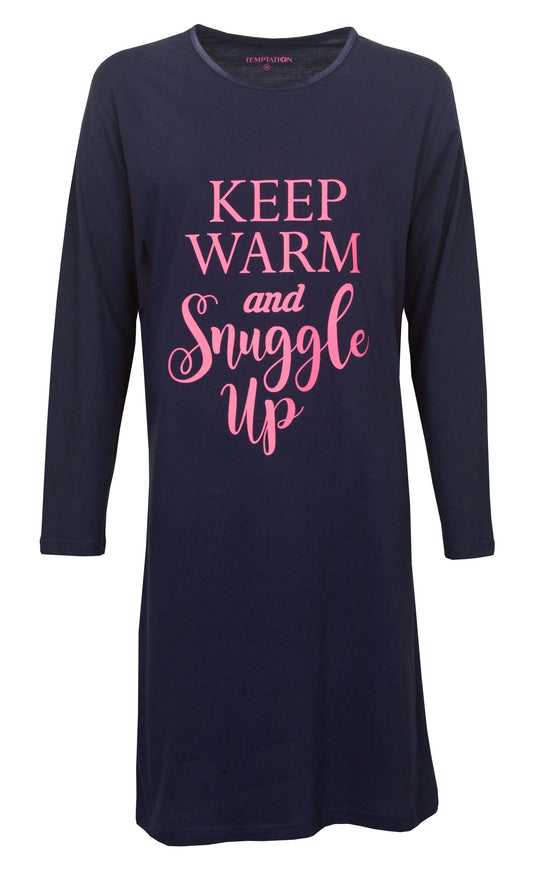 Donkerblauw nachthemd met lange mouwen en roze opdruk 'Keep warm and snuggle up' op de voorkant
