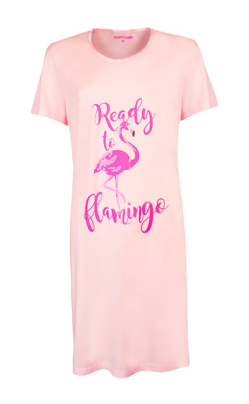 Roze nachthemd met korte mouwen en 'Ready to flamingo' tekst en afbeelding in felroze op de voorkant