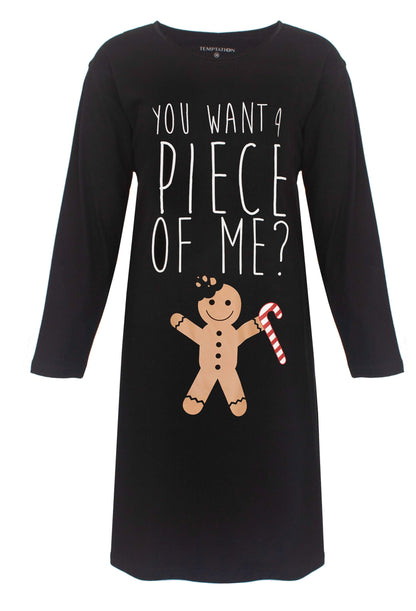 Zwart nachthemd met lange mouwen en opdruk 'You want a piece of me?' met een peperkoekmannetje en zuurstok