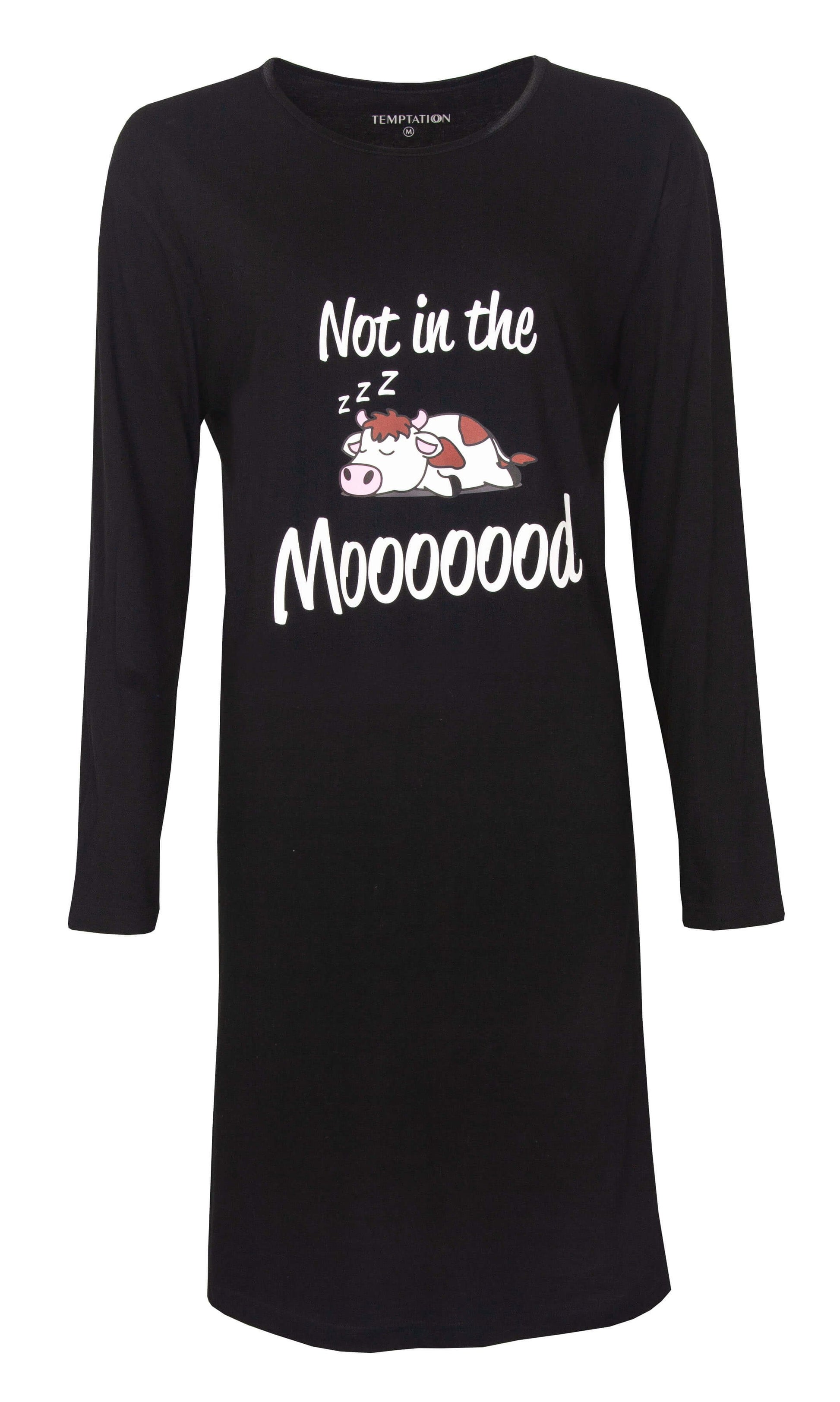 Zwart nachthemd met lange mouwen en opdruk 'Not in the Mooooood' met slapende koe illustratie