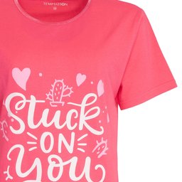 Roze dames bigshirt met witte 'Stuck on You' opdruk, inclusief hartjes en decoratieve elementen