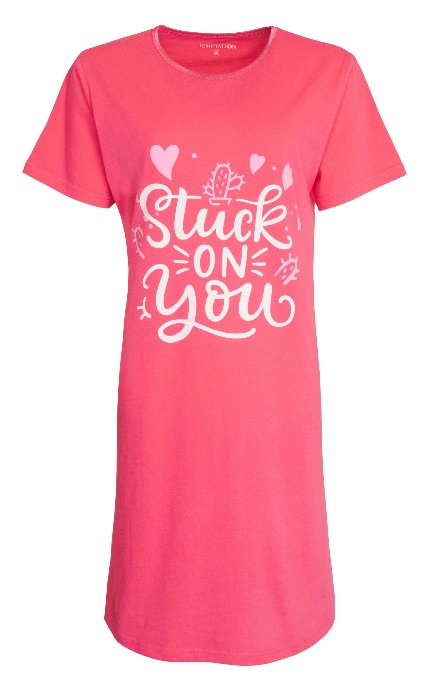 Roze bigshirt met 'Stuck on You' opdruk, hartjes en cactussen. Korte mouwen en ronde hals.