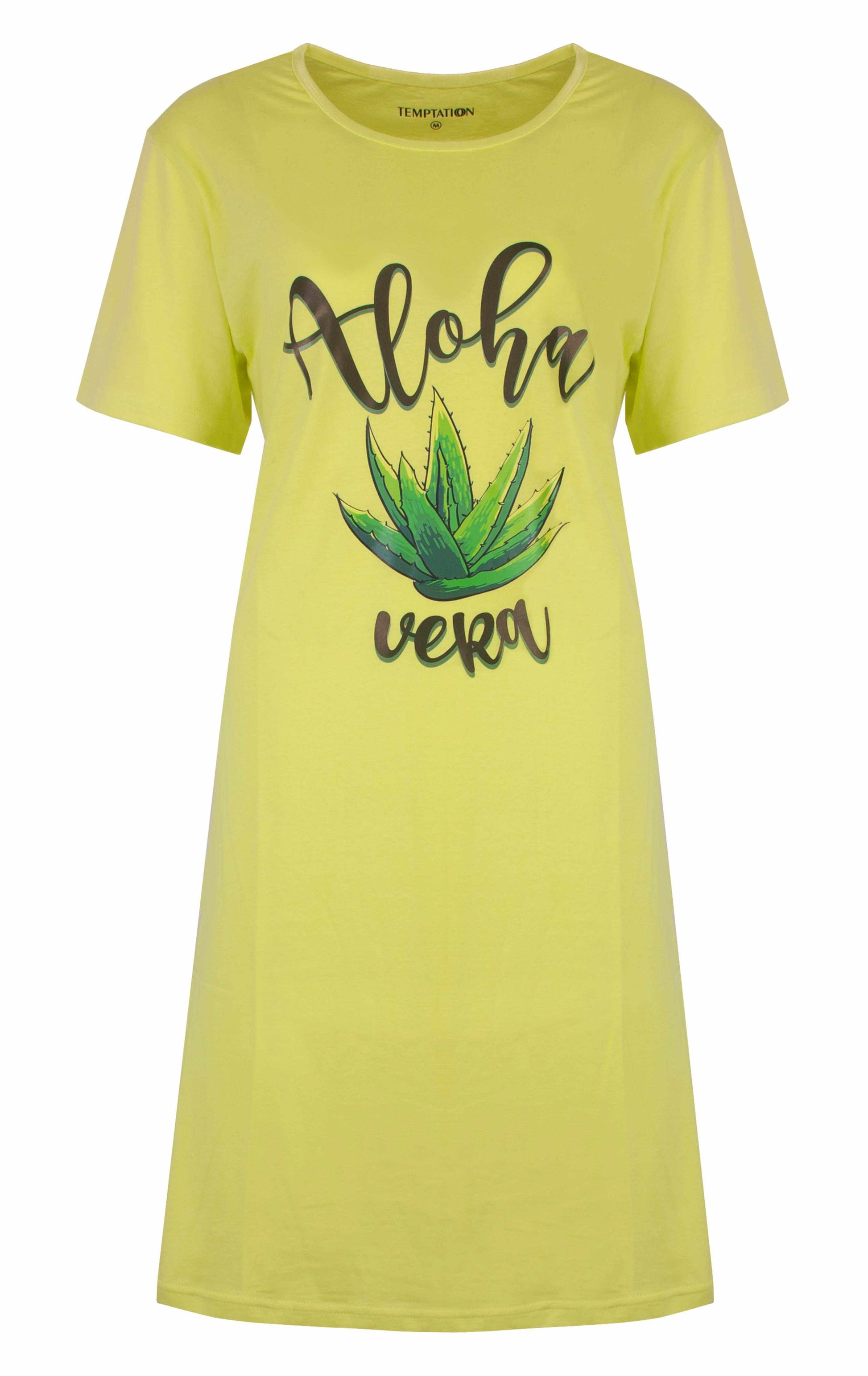 Lime groen nachthemd met 'Aloha vera' opdruk en aloë vera plant afbeelding, korte mouwen