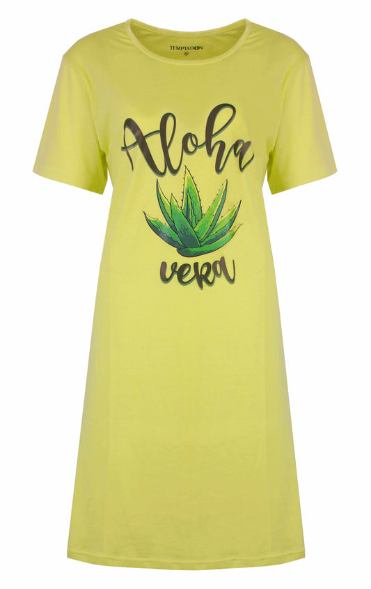 Lime groen nachthemd met 'Aloha vera' opdruk en aloë vera plant afbeelding, korte mouwen