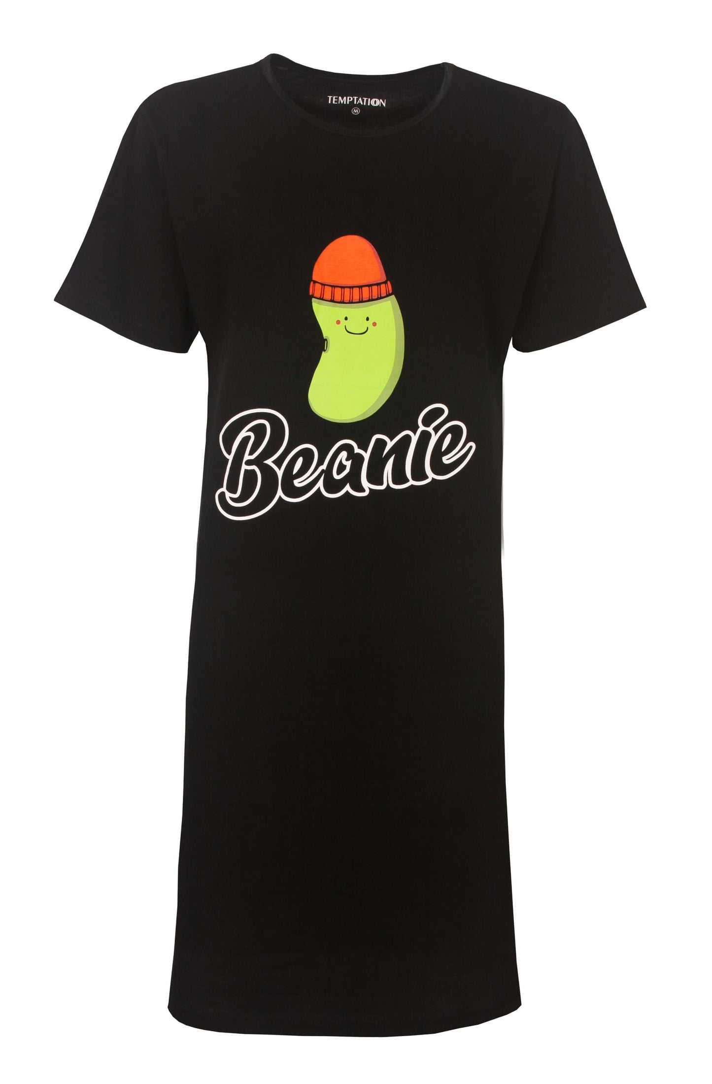 Zwart nachthemd met grappige 'Beanie' print van een groene boon met oranje muts en glimlach