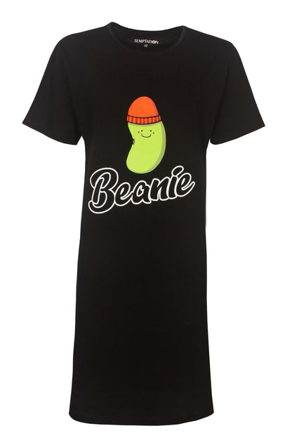 Zwart nachthemd met grappige 'Beanie' print van een groene boon met oranje muts en glimlach