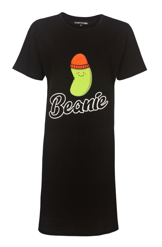 Zwart nachthemd met grappige 'Beanie' print van een groene boon met oranje muts en glimlach