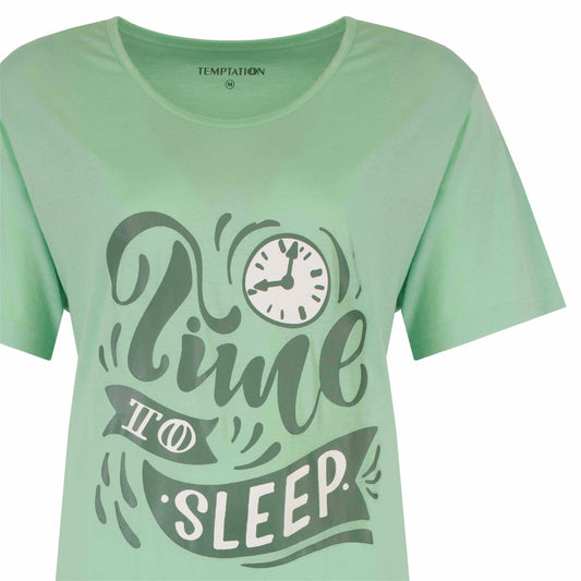 Groen dames nachthethemd met opdruk 'Time to sleep' en een klokkorte mouwen, ronde hals, merk Temptation