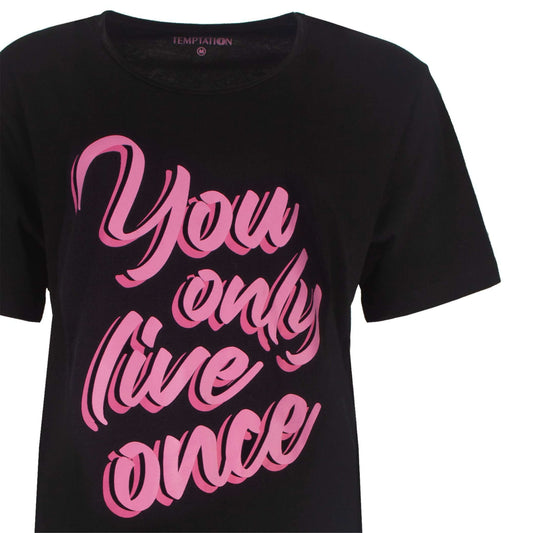 Zwart nachthemd met roze opdruk 'You only live once' op de voorkant, korte mouwen,onde hals