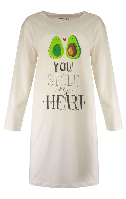 Wit nachthemd met lange mouwen en grappige avocado print. print met de tekst 'You stole my heart'