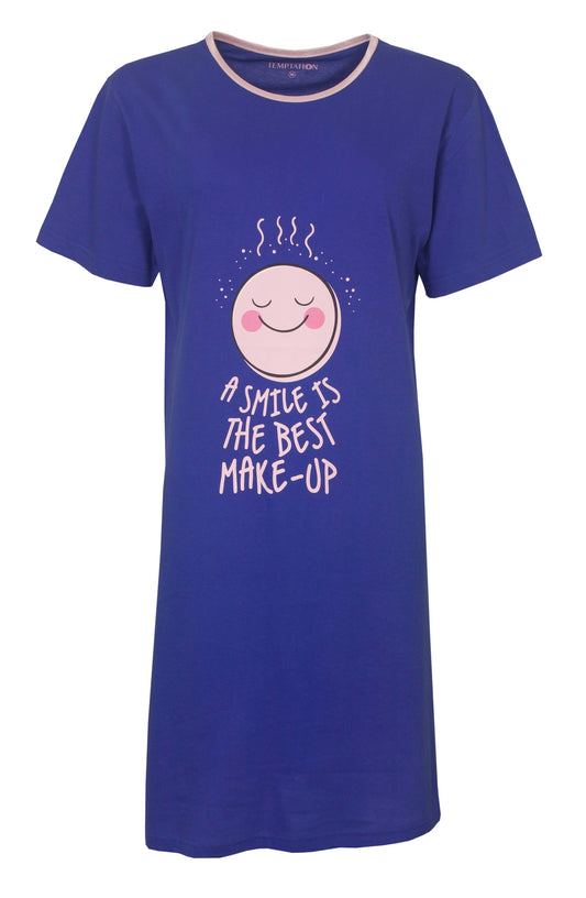 Blauw nachthemd met roze bies en opdruk 'A smile is the best make-up' met lachend gezichtje
