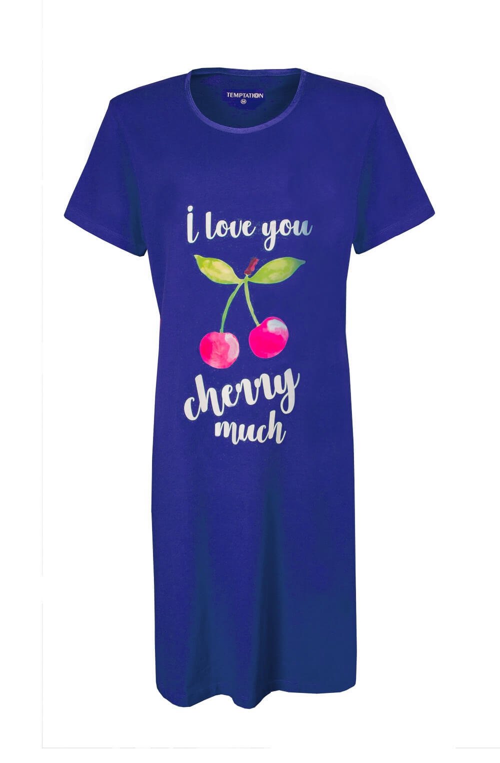 Blauw nachthemd met korte mouwen, opdruk 'I love you cherry much' en afbeelding van kersen op de voorkant