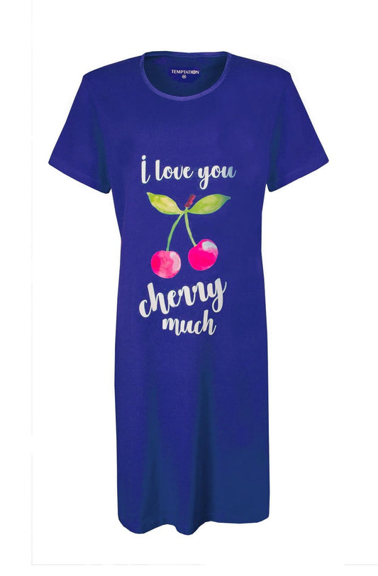 Blauw nachthemd met korte mouwen, opdruk 'I love you cherry much' en afbeelding van kersen op de voorkant