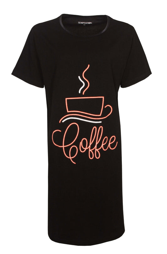 Zwart nachthemd met neon-achtige 'Coffee' print en koffiekopje, ronde hals, korte mouwen, T-shirt stijl