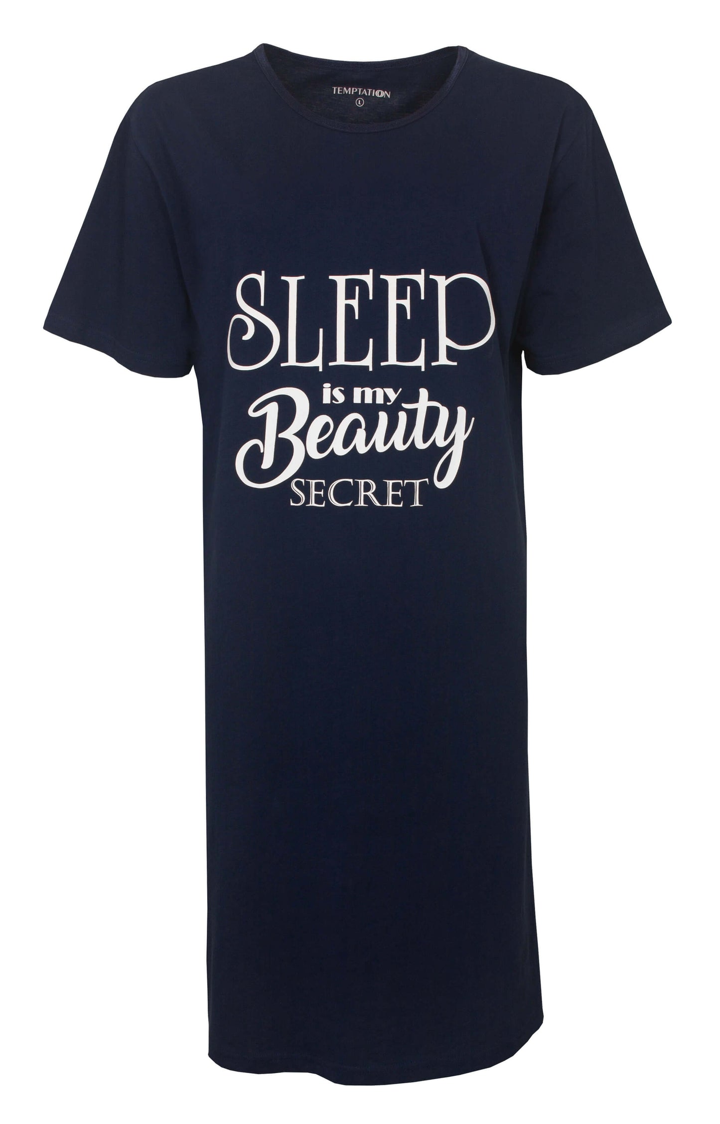 Donkerblauw nachthemd met 'Sleep is my Beauty Secret' opdruk, lange T-shirt stijl, korte mouwen