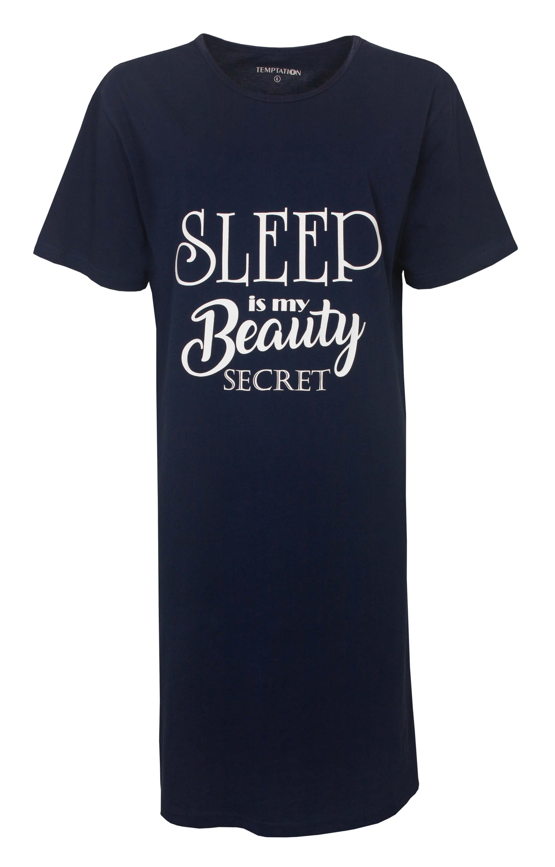 Donkerblauw nachthemd met 'Sleep is my Beauty Secret' opdruk, lange T-shirt stijl, korte mouwen