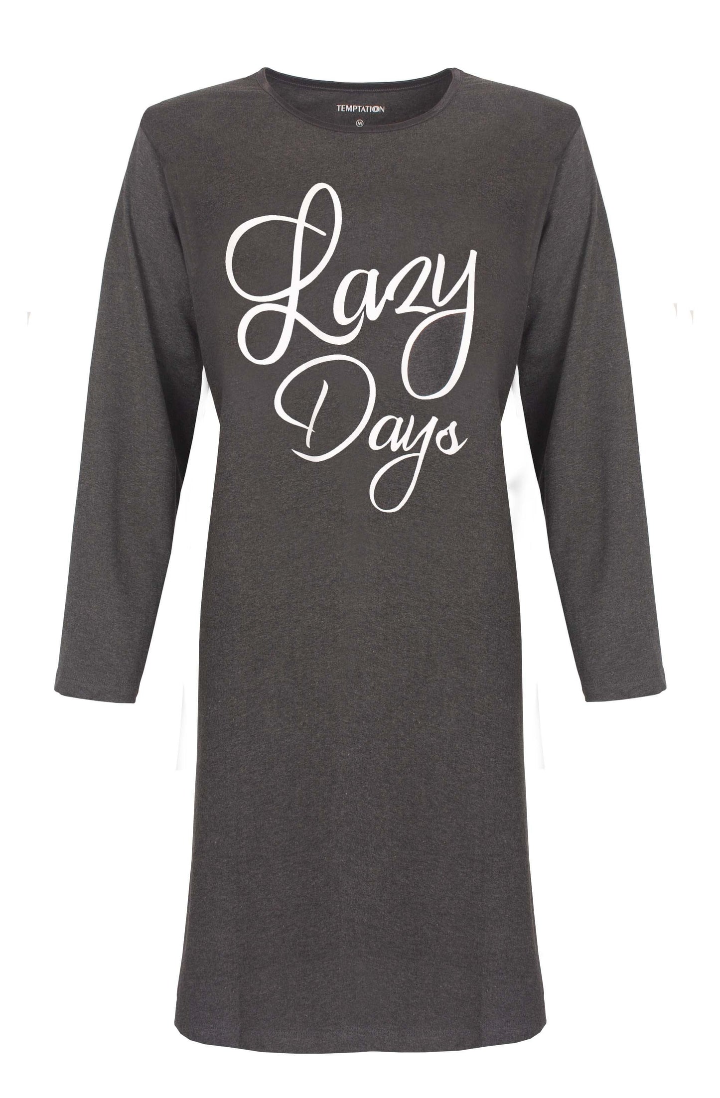 Donkergrijs lang nachthemd met lange mouwen en 'Lazy Days' in witte letters op de voorkant gedrukt.