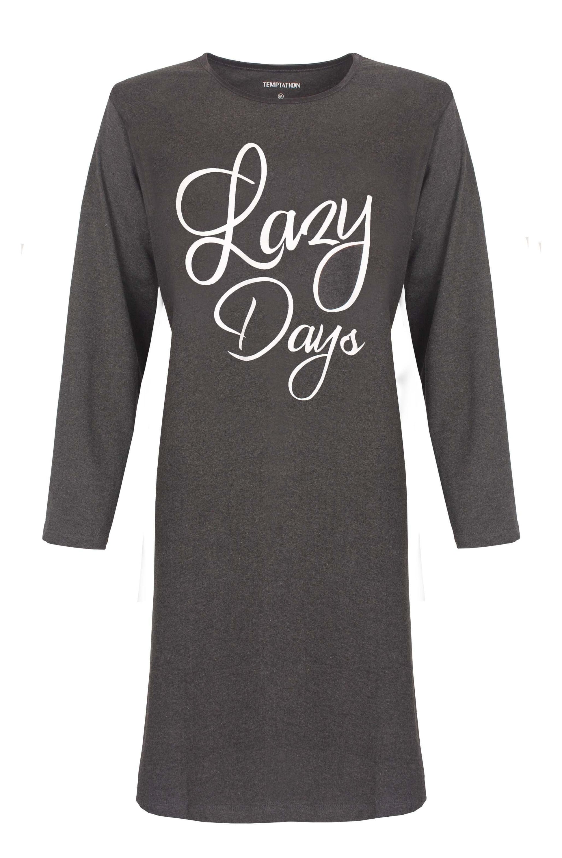 Donkergrijs lang nachthemd met lange mouwen en 'Lazy Days' in witte letters op de voorkant gedrukt.