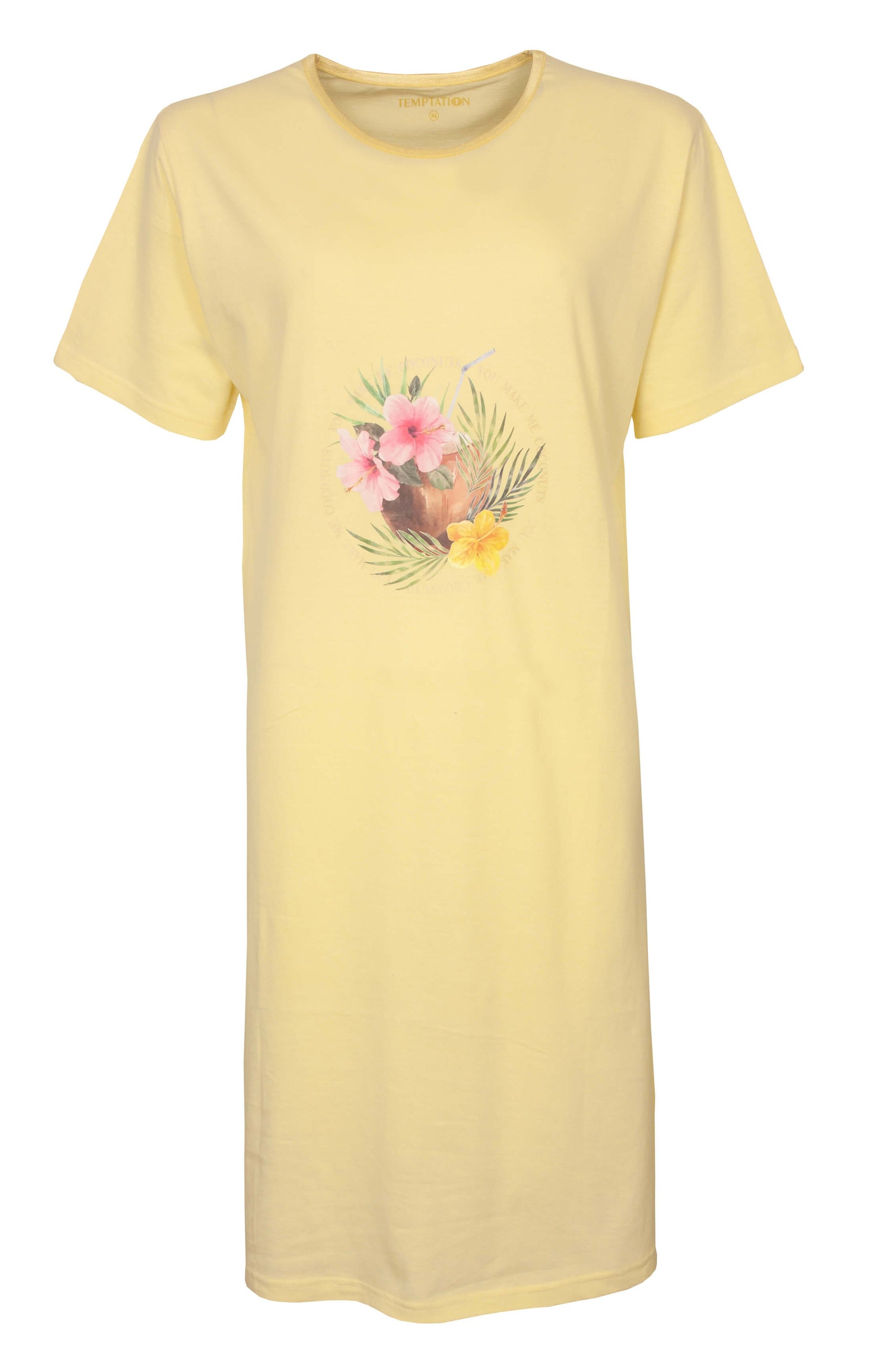 Geel nachthemd met korte mouwen, versierd met een tropisch bloemenontwerp in pastelkleuren op de voorkant
