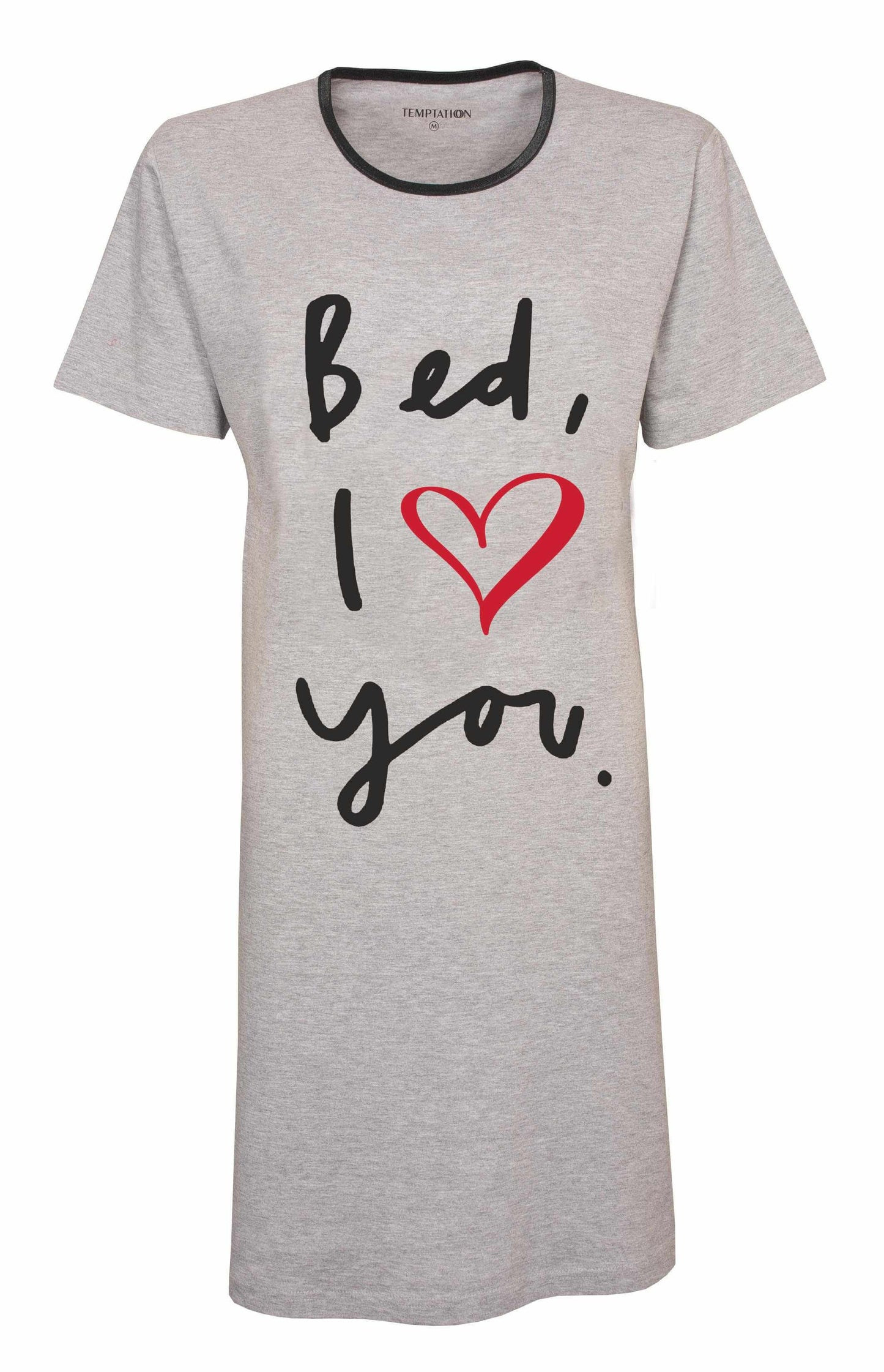Grijs nachthemd met zwarte tekst 'Bed, I love you' en een rood hartje, gemaakt van katoen en polyester