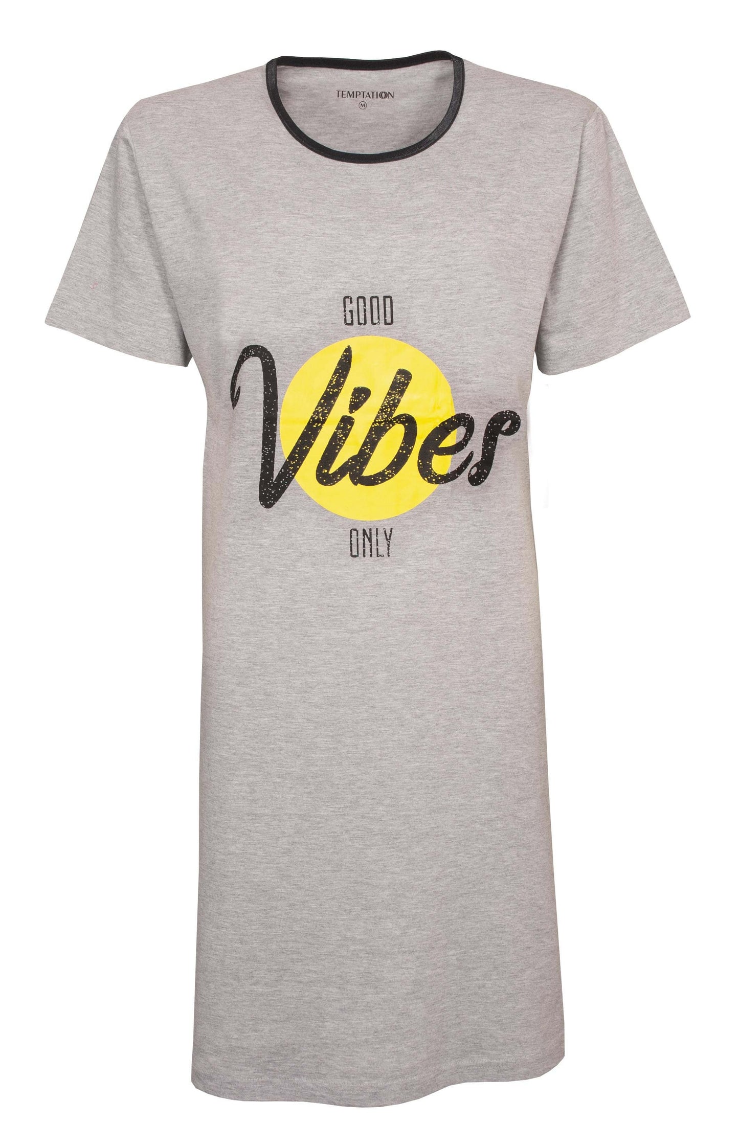 Grijs nachthemd met 'Good Vibes Only' opdruk, gele cirkel, zwarte beletde hals, korte mouwen