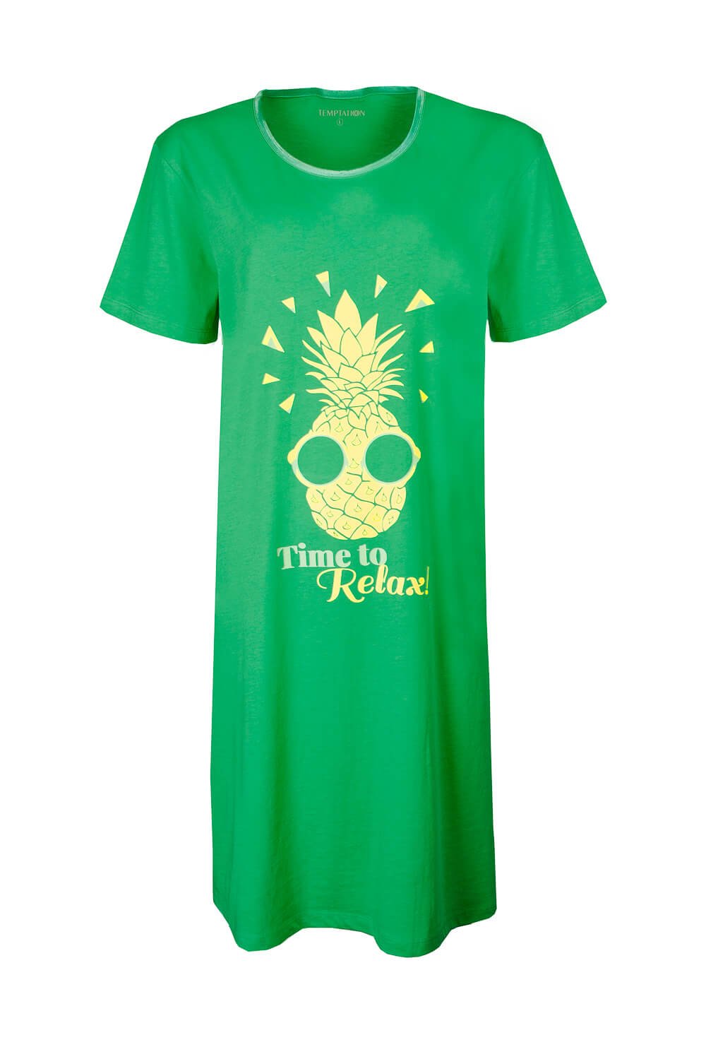 Groen nachthemd met gele ananas print en 'Time to Relax' tekst. Korte mouwen en ronde hals.