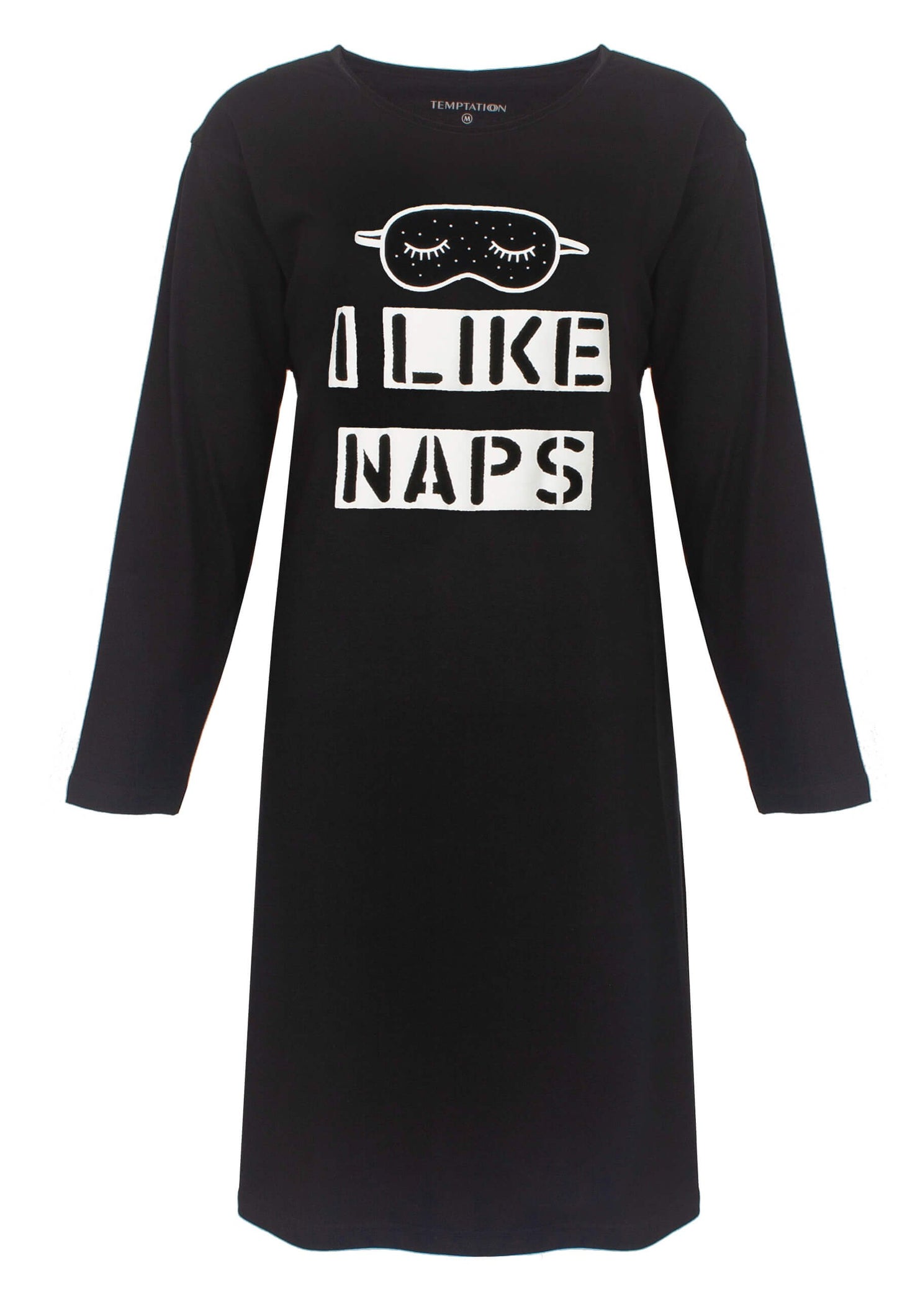 Zwart nachthemd met lange mouwen en opdruk 'I Like Naps' en slaapmasker illustratie op de voorkant
